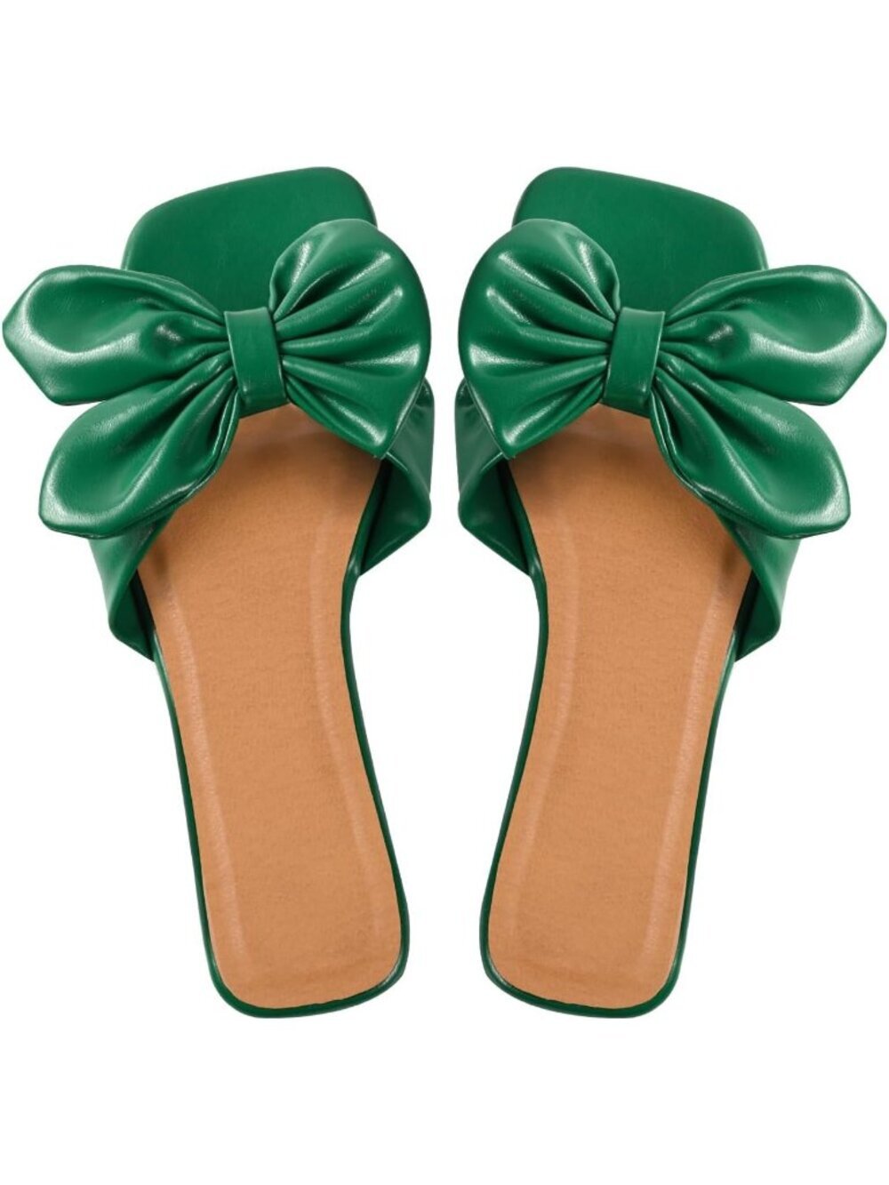 Women's Green Bow Flat Square Open Toe Slip On Slide Faux Leather Sandals